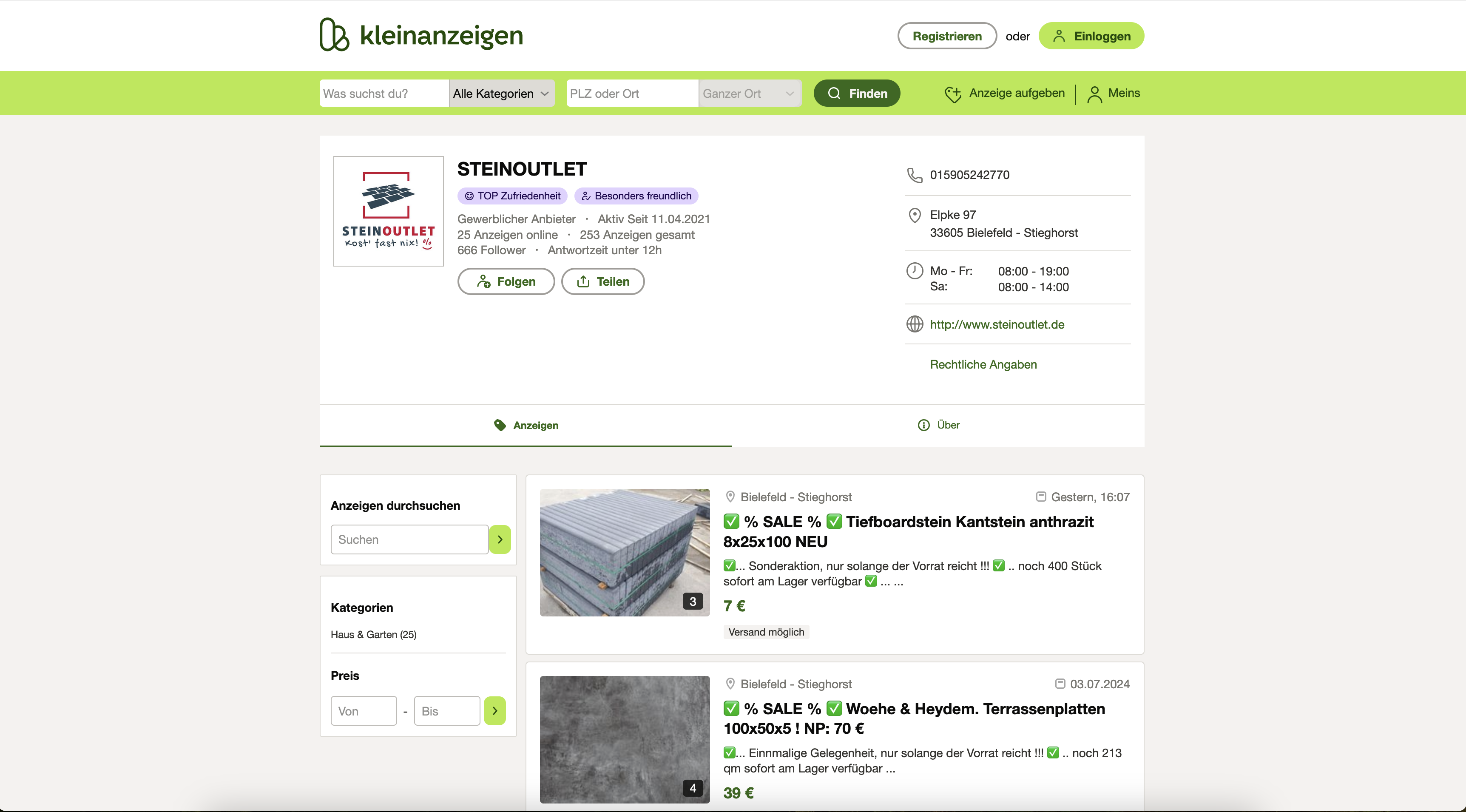 Steinoutlet Kleinanzeigen Profil